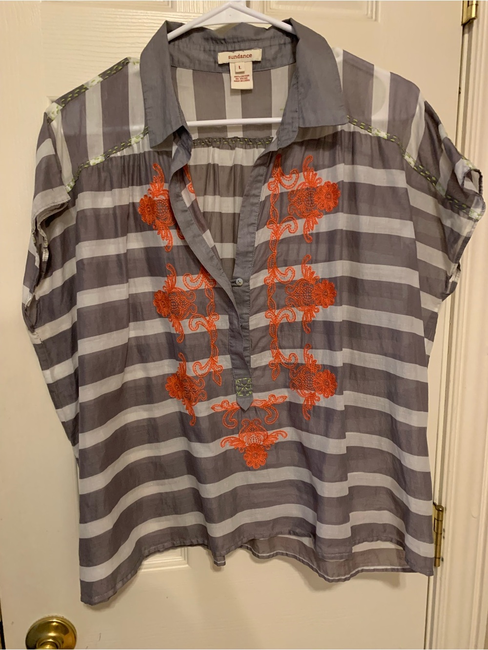 SUNDANCE Black and White Top Adorned With Orange and Lime Green Embroidery Sz L